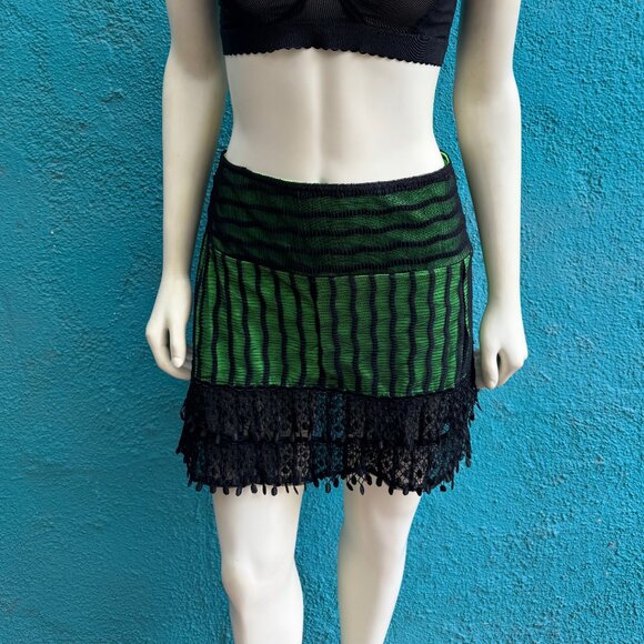 Vintage Catherine Coatney lace mini skirt green black XS S Moulin Rouge look - Picture 1 of 3